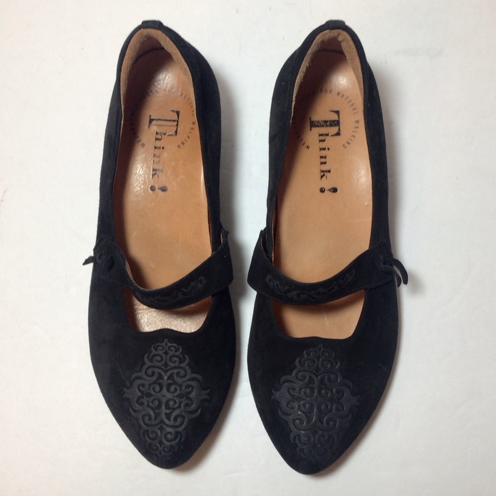 Think! Black Suede Kitten Heel Mary Jane Shoes